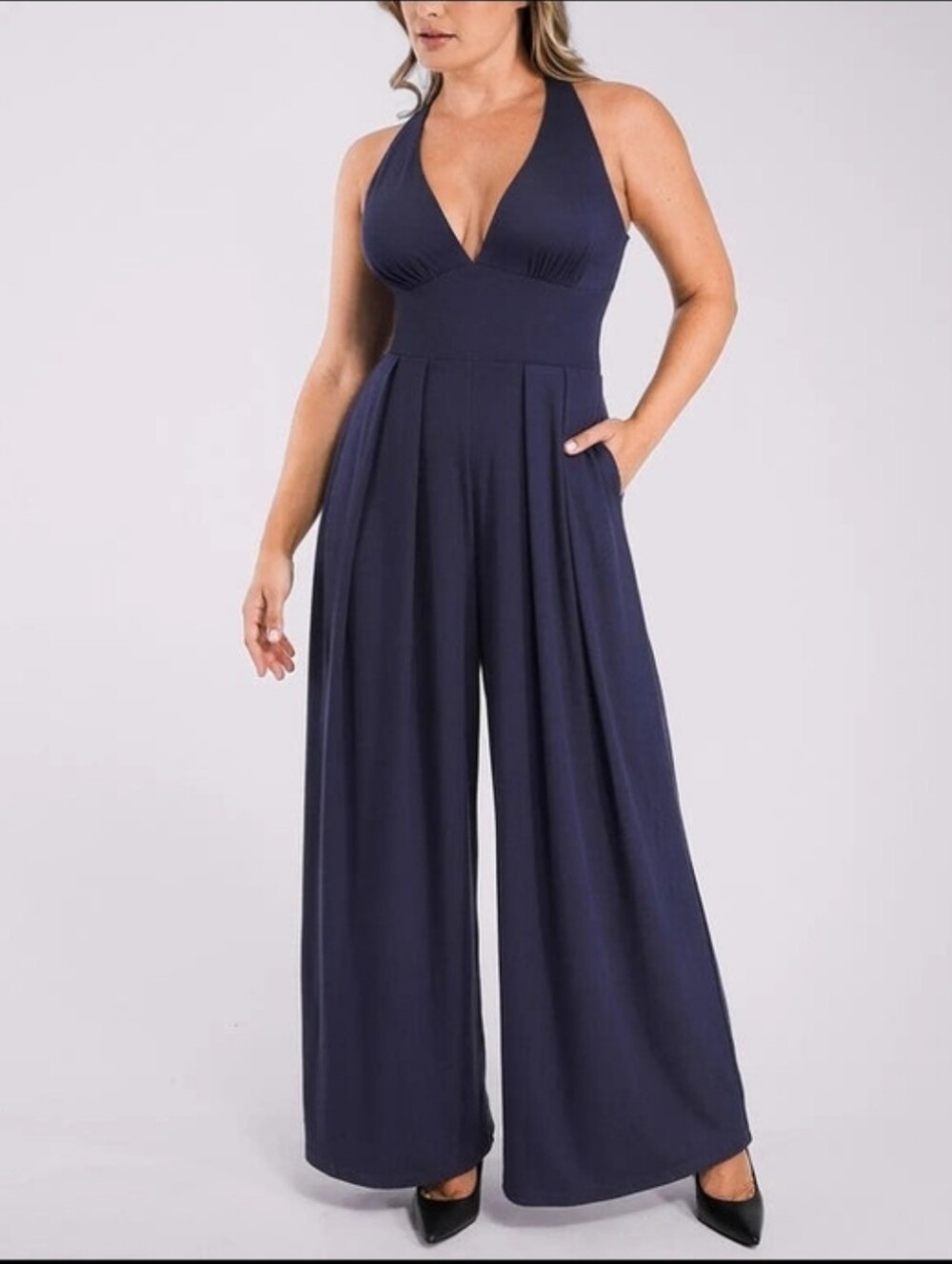 ShapeLLX Deep Plunge Built-In Shaping Jumpsuit Small Women's New Navy Blue